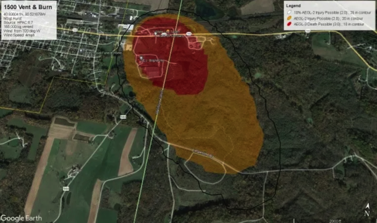 The affected area of contamination caused immediate evacuations near the train derailment in East Palestine, Ohio. 